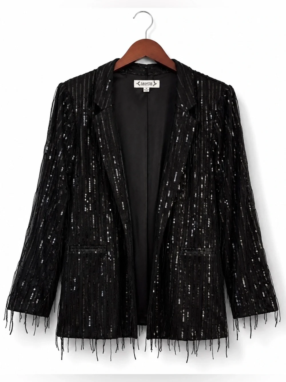 Nanette Nanette Lepore Black Sequin Fringe Blazer Jacket M Statement Party